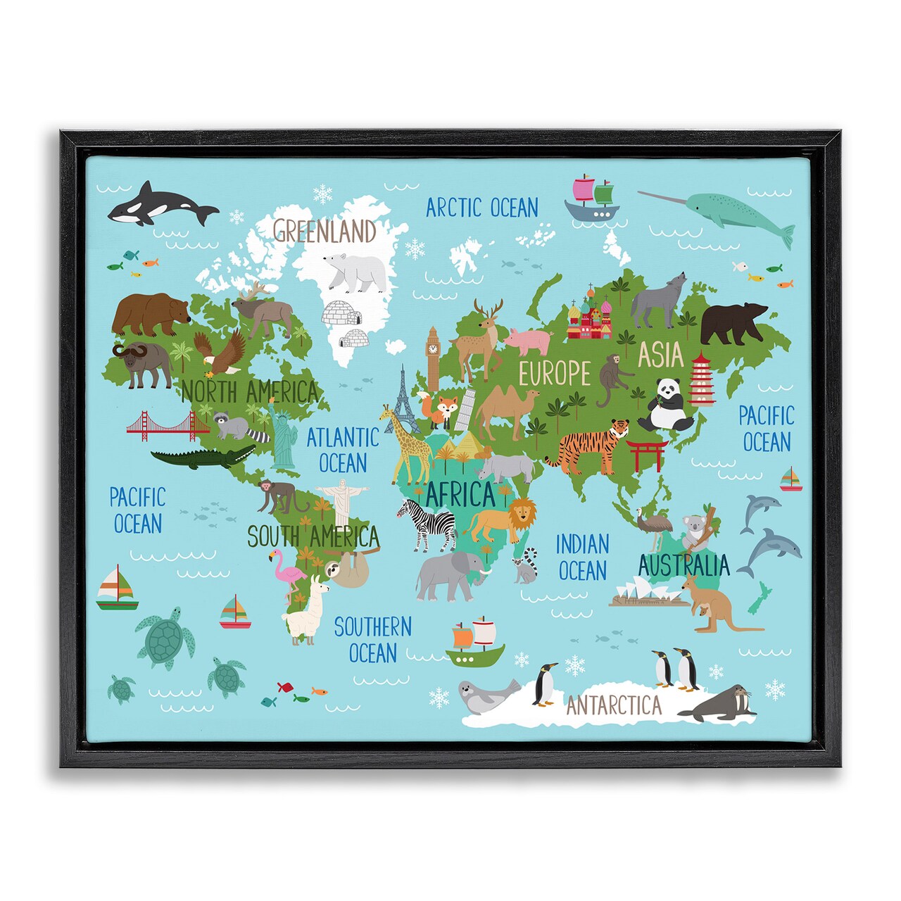 Stupell Industries Kid's Favorite Animals World Map Framed Floater Canvas Wall Art